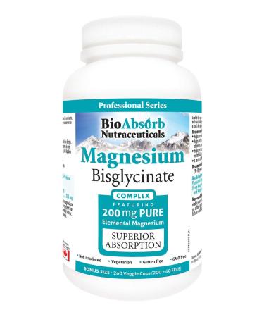 Bio Absorb Magnesium Glycinate/Bisglycinate Supplement. 200mg of Chelated Elemental Magnesium. 260 Vegan Capsules (260-Day Supply)