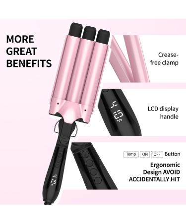 3 Barrel Curling Iron - 7.5" Extended Wand Tourmaline Triple Barrels LCD Temp Display - Pink Beach Waves Hair Crimper - Buy Online on GoSupps.com