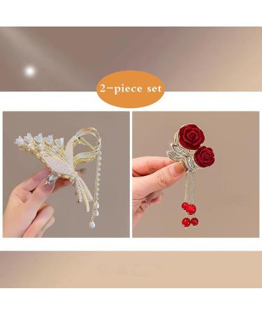 2Pcs Pearl Tassel Hair Clips for High Ponytail - Flower Rhinestone Gold Fashion Hair Accessories - Buy Online on GoSupps.com