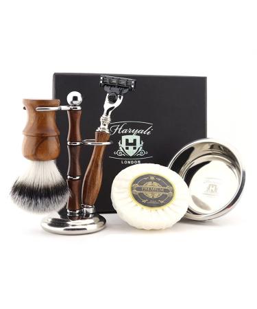 Haryali London Razor set-5-part shaving set-sustainable-3 edge razor set-wooden brush made of wood-shaving racks made of wood-shaving soap cream & stainless steel rasier bowl