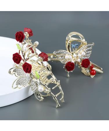 Rose Butterfly Tassel Hair Claw Clips Set - Elegant Floral Design with Pearls and Rhinestones, Strong Hold Hair Clamps for Women - Buy Online on GoSupps.com