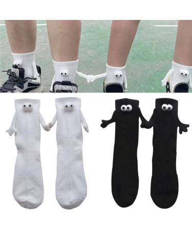 WAAYB 2 Pair Couple Holding Hands Socks Funny Magnetic Suction 3D Doll Couple Socks Unisex Funny for Couple Black+white