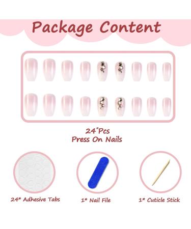 24-Piece Angular Nails Set - Glossy Pink French Press-On Ballerina Nails with Rhinestone Design | Square Fingernails for Women & Girls - Buy Online on GoSupps.com