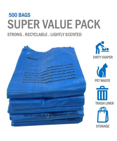 500 Count Disposable Baby Diaper Bags with Fresh Baby Powder Scent | Easy Tie Handles | Multi-use for Pet Waste Disposal & Sanitary Pads - Blue - Buy Online on GoSupps.com