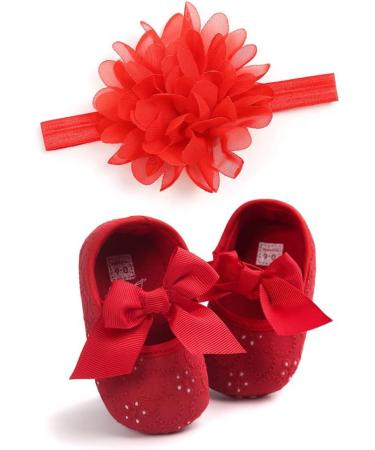 MACHSWON Baby Girls First Walking Shoes Mary Jane Flats with Bow-Knot | Anti-Slip Princess Christening Shoes | Infant Outdoor Shoes | Headband Included | 6-12 Months (Red) - Buy Online on GoSupps.com