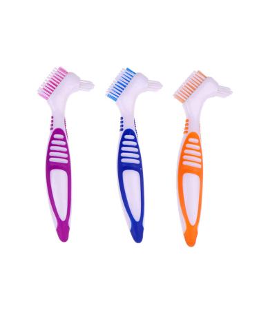 Premium Denture Cleaning Brush Set with Multi-Layered Bristles & Ergonomic Rubber Handle, Portable Denture Double Sided Brush for False Teeth Cleaning, 3 Pieces (Blue, Orange, Purple) 3 Color