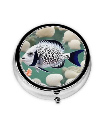 White Tropical Fishround Pill Box 3 Compartment Round Pill Box Organizer * Portable Travel Pill Box for Traveling.