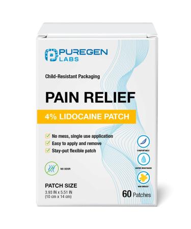 Puregen Labs Lidocaine 4% Numbing Patch - Total 60 Patches Maximum Strength | Fast Acting Temporary Relief of Aches | Back Neck Shoulders Elbows and Knees 2 Pack
