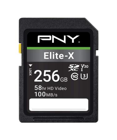 PNY 256GB Elite-X Class 10 U3 V30 SDXC Flash Memory Card - 100MB/s, Class 10, U3, V30, 4K UHD, Full HD, UHS-I, Full Size SD 256GB FLASH CARD