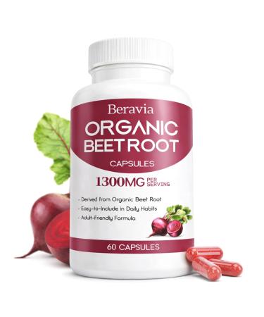 Organic Beet Root Capsules Natural Beet Root for Daily Wellness and Energy Support with Naturally Occurring Plant Nitrates Vegan Non-GMO Gluten-Free-1300mg 60 Capsules 60 Count (Pack of 1)