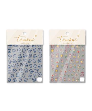 2 Sheets Easy To Use Back Sticker Decoration Nail stickers Embossed Cute Bunny And Bear