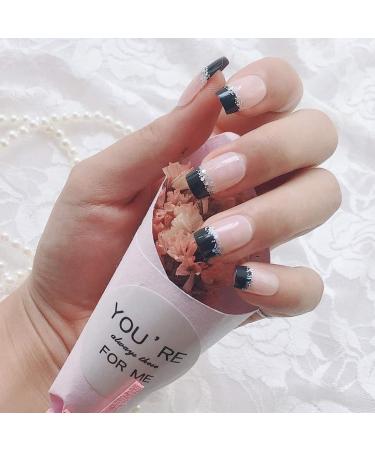 Buy 24 Pieces Black French False Nails - Silver Glitter Complete Cover Quadratic Medium-Long Fake Nails for Daily Use - Buy Online on GoSupps.com