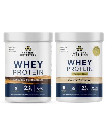 Ancient Nutrition Grass-fed Whey +Fat Loss Protein Powder Vanilla Cinnamon 18 Servings + Grass-fed Whey Protein Powder Chocolate Peanut Butter 18 Servings