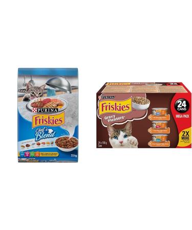 Friskies Chef's Blend Dry Cat Food - 7.5 kg Bag & Gravy Pleasers Wet Cat Food Chicken Variety Pack 3 Flavours - 156 g Can (24 Pack)
