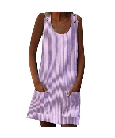 Women's Wing Sleeve Round Neck Pocket Button Striped Camisole Dress Plus Size Pocket Dress Full Length Dress Plus Pink 4X-Large