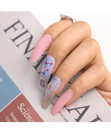 Sethexy Long Ballerina Matt False Nail Tips - Pink Gradient Sparkle Butterfly Coffin Fingernails | 24pcs Acrylic Art for Women & Girls - International Shipping Available - Buy Online on GoSupps.com