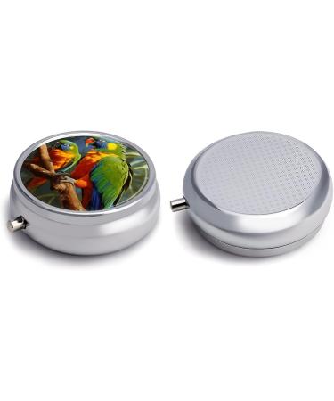Round Pill Box with Parrot Painting - 3 Compartment Pill Organizer - Decorative Metal Portable Pocket Pill Case - Buy Online on GoSupps.com