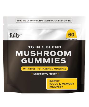 16 in 1 Blend Mushrooms Gummies for Adults - Lion's Mane Mushroom Supplement, Focus Gummies with Lions Mane, Lion's Mane for Adults, Natural Mushroom Supplement for Cognitive Support & Clarity 60