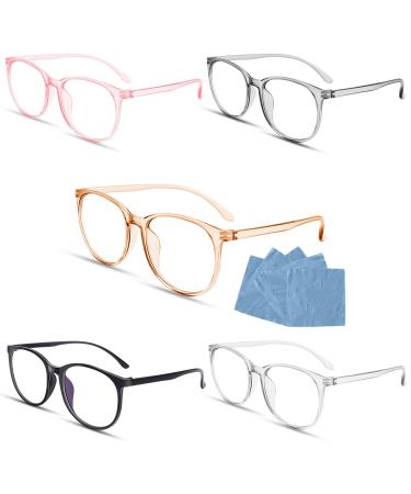 BORISCA 5 Pack Blue light filter glasses Transparent 5 colors blue light filter glasses gaming + 5 glasses cleaning cloth unisex degree free computer glasses UV blue blocked reduction eye load
