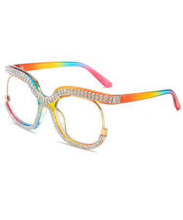 LJCZKA Oversized Blue Light Blocking Glasses Women Rhinestone Anti Blue Light Glasses Diamond Anti Eyestrain Eyeglasses Rainbow