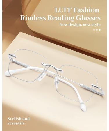 LUFF Rimless Reading Glasses for Women - Blue Light Blocking Fashion Metal Computer Readers 2.5x Frameless Eyeglasses to Reduce Eyestrain - Elegant Silver Design - Buy Online on GoSupps.com