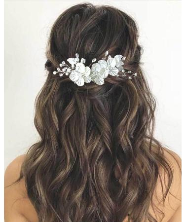 Prosy Bride Wedding Flower Hair Pieces Silver Bridal Pearl Hair Accessories Rhinestones Hair Comb Slides for Women and Girls - Buy Online on GoSupps.com