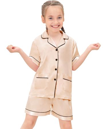 SWOMOG Kids Satin Pyjamas Set | Button-Down Short Sleeve Pjs for Girls Boys | 2 Piece Lounge Set | 4-5 Years | Champagne - Buy Online on GoSupps.com