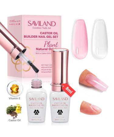 Saviland 2PCS Builder Nail Gel: Castor Oil & Vitamin E Nail Builder Gels Kit Plant-Based Nail Strengthener Hard Gel Builder Gels For Nails Builder Gels in a Bottle Extensions Nail Repair(Clear&Pink) 1- No.1 Clear & Pink