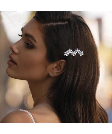 Aneneiceera Crystal Flower Hair Clip Silver Hair Barrette One word Clip Rhinestone Hair Pin Headpieces Decorative Hair Pins Headwear Bride Hair Accessories for Women and Girls (Silver)
