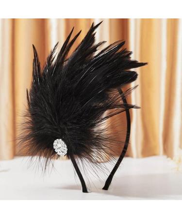 GENBREE 1920s Flapper Headband Feather Hair Hoop Feather Headwear Cocktail Party Hair Accessories for Women and Girls (Black)