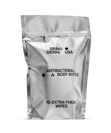 Body Wipes by Bravo Sierra - 10 Individually Wrapped Extra Thick Biodegradable Shower Wipes with Benzalkonium Chloride & Aloe Vera for Adults, Men and Women - No Rinse Bathing Camping & Travel Wipes
