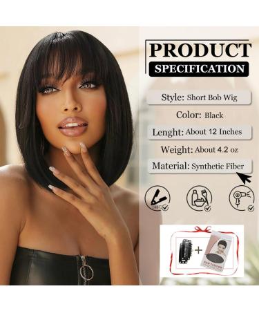 Esmee Short Black Bob Wig with Fringe | Shoulder Length Synthetic Wig for Daily Party Cosplay | 12 Inch - Buy Online on GoSupps.com