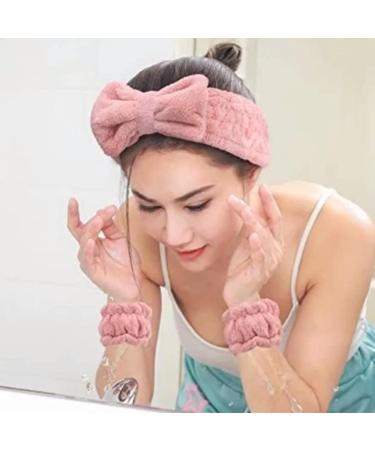 Ladies' Spa hair band face-washing hair band with 2 wristbands soft coral velvet hair band for face-washing elastic hair band for makeup and shower (pink colour) - Buy Online on GoSupps.com