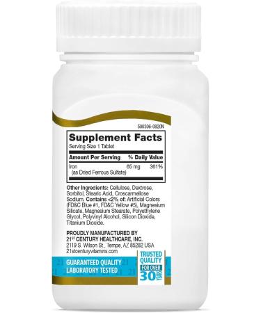 Iron 65 mg Ferrous Sulfate 325 mg Tablets 120 Count Compatible with 21st Century Mineral Supplement Gluten Free Non-GMO + Bonus Pill Organizer Weekly Pill Organizer Mini - Buy Online on GoSupps.com