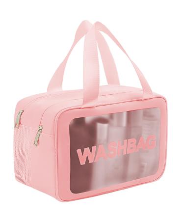 Clear Travel Toiletries Bag PVC Waterproof Clear Makeup Bag 2 Layers Wash Bags Toiletry Bags Women Girls for Travelling and Holiday (Pink)