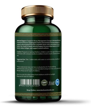 HERBS & SEEDS Adrenal Strength Support Supplement Natural Herbs Complex with Reishi Mushroom Pantothenic Acid Vitamin C & Blend of Natural Herbs for Men & Women - 2000mg | 60 Tablets - Buy Online on GoSupps.com