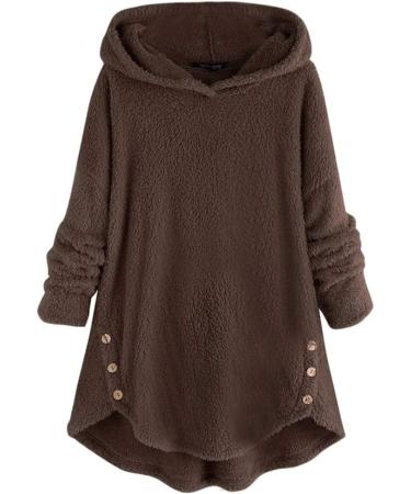 Bigfanshu Womens Sweaters Solid Fleece Asymmetrical Button Hem Plus Size Hoodie Top Sweater Blouse Coffee - Buy Online on GoSupps.com