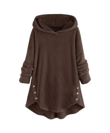 Bigfanshu Womens Sweaters Solid Fleece Asymmetrical Button Hem Plus Size Hoodie Top Sweater Blouse Coffee