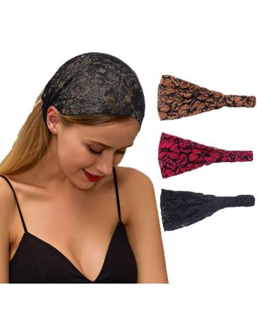 Urieo Boho Lace Headbands Black Flower Embroidery Hairbands Wide Breathable Vintage Hair Band Accessories for Women(Pack of 3)