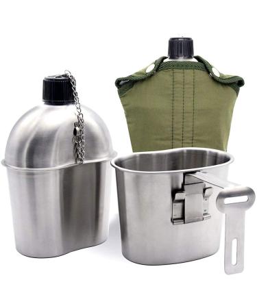 ELK Stainless Steel Military Canteen and Cup With Green Cover For Camping Hiking Backpacking Hunting Fishing and Outdoor Adventures