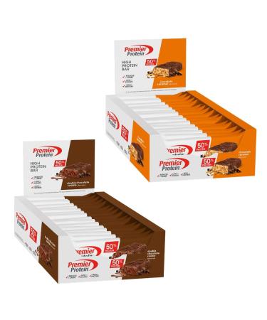 Premier Protein High Protein Bar Bundle – Double Chocolate Cookie (16x40g) + Chocolate Caramel (16x40g)