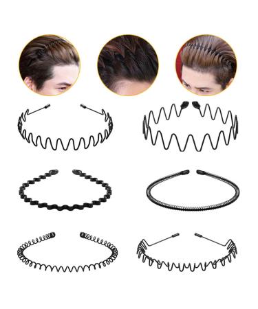 Hair Hoop,6Pcs Unisex Wavy Headband Metal Hair Hoop Multi-style Wave Spring Headband Wavy Comb Hair Band Accessories for Men and Women Black