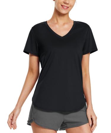 BALEAF Women's Running Shirts Quick Dry Short Sleeve Exercise Athletic Workout Tops V Neck Mesh Back Moisture Wicking Black X-Large