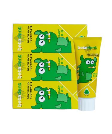 BETADENT Betadent 3 x Baby Toothpaste Kit for Children 0-3 Years Without Fluoride Pear Flavour Antiplaque Action Easy Teething Natural Formulation 3 x 75 ml