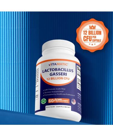 Vitamatic Lactobacillus Gasseri - 12 Billion per DR Capsule - 60 Count - Digestive Support - Made with Prebiotic Inulin Fiber 60 Count (Pack of 1) - Buy Online on GoSupps.com