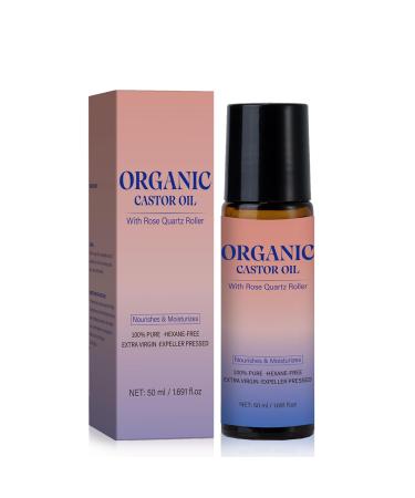 Organic Castor Oil Roll-On with Rose Quartz | Cold-Pressed & Hexane-Free | For Skin Brows Lashes & Castor Oil for Women | 50mL (1.7oz) (1)