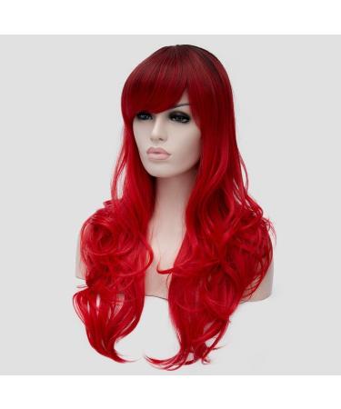CLOCOLOR Ombre Red Long Hair Wig with Bangs - Wavy Curly Heat Resistant Synthetic Wig for Women - International Shipping Available - Buy Online on GoSupps.com