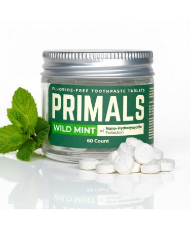 PRIMALS Fluoride-Free Toothpaste Tablets - Nano Hydroxyapatite - Zero Artificial Flavors or Plastic - Remineralizes & Whitens Teeth - 60 Count (1 Month Supply)