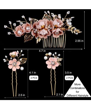 Bridal Flower Hair Pins - 5 Piece Crystal Pearl Hair Combs & Clips - Gold Wedding Accessories for Brides Bridesmaids & Girls - Cherry Blossoms Pink - Buy Online on GoSupps.com