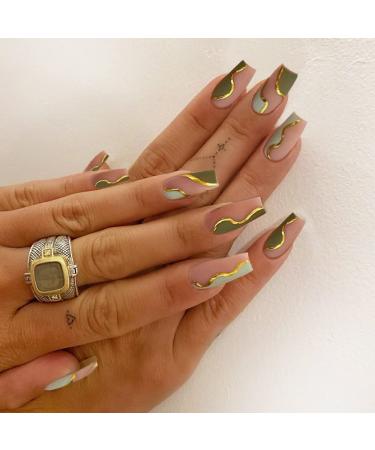KXAMELIE Matte Press on Nails Long With Green Swirl Gold Lines Glue on Nails Coffin Fake Nails for Women Nail Art 24 PCS unique pattern